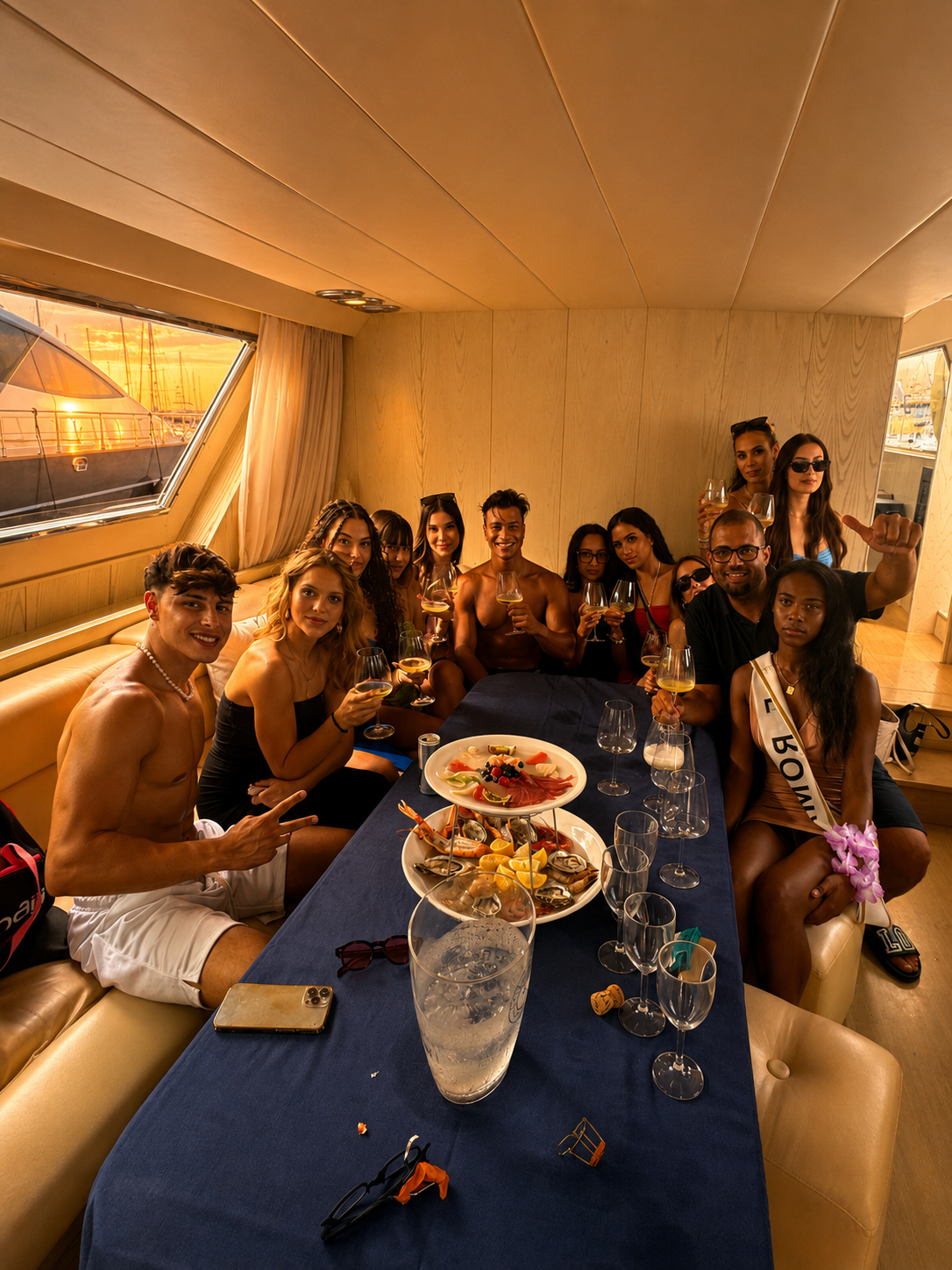 Cena a bordo — crudité e brindisi al tramonto